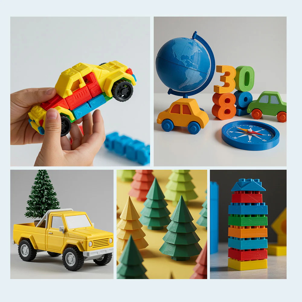 Colorful 3D printed toys and objects
