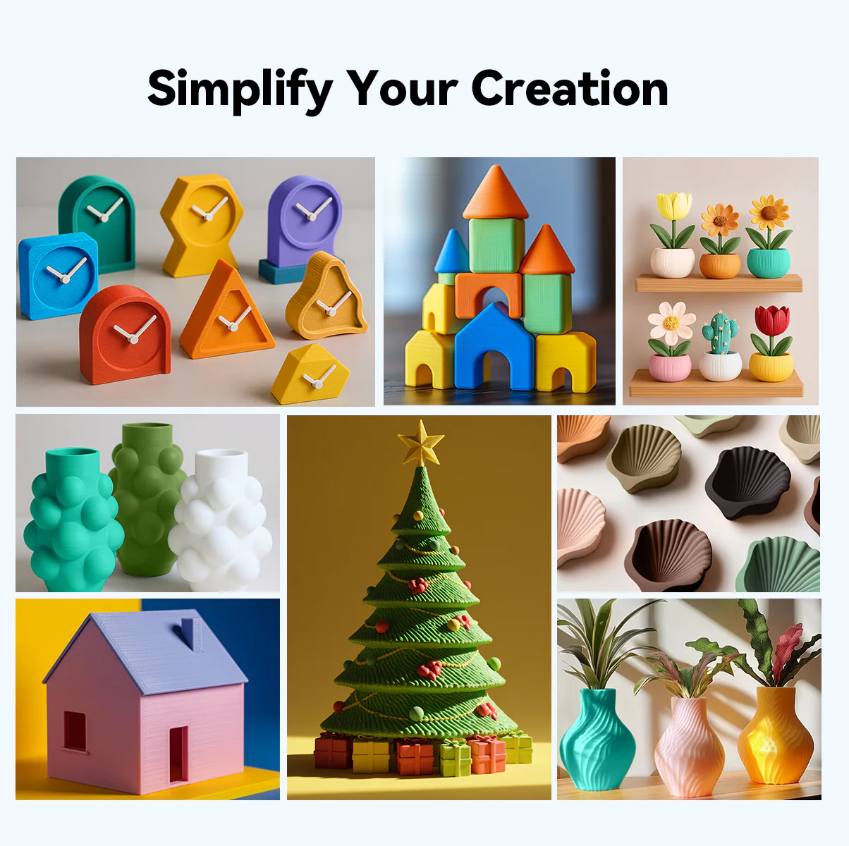 Colorful printed objects grid